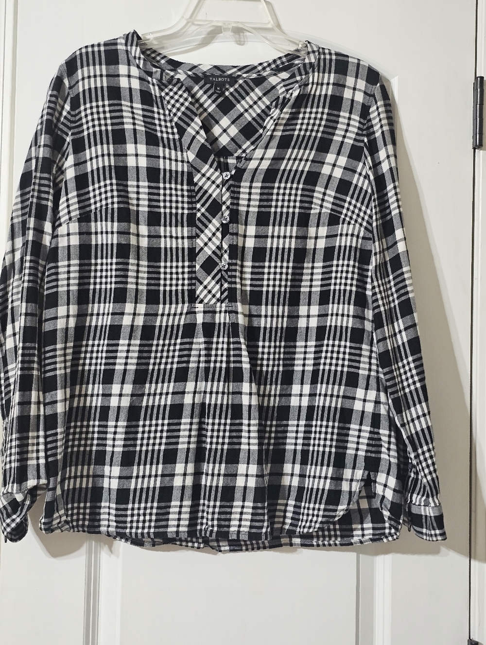 Talbots Black & White Plaid Button-Front Henley Blouse